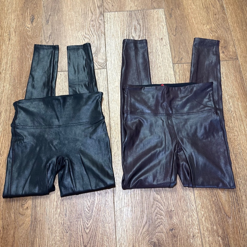 Spanx Faux Leather Leggings Bundle Black & Burgundy Womens Small Petite Set of 2